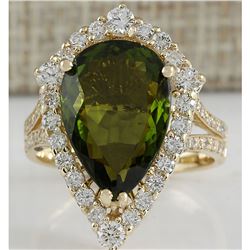 7.48 CTW Natural Green Tourmaline And Diamond Ring In 18K Yellow Gold