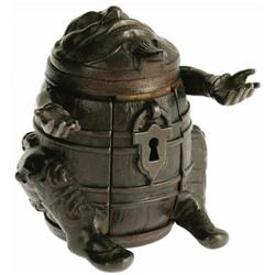 J & E Stevens Man-in-Barrel Iron Bank 