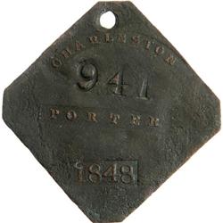 1848 Charleston PORTER Slave Hire Badge #941 