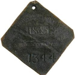 1845 Charleston SERVANT Slave Hire Badge #1344 