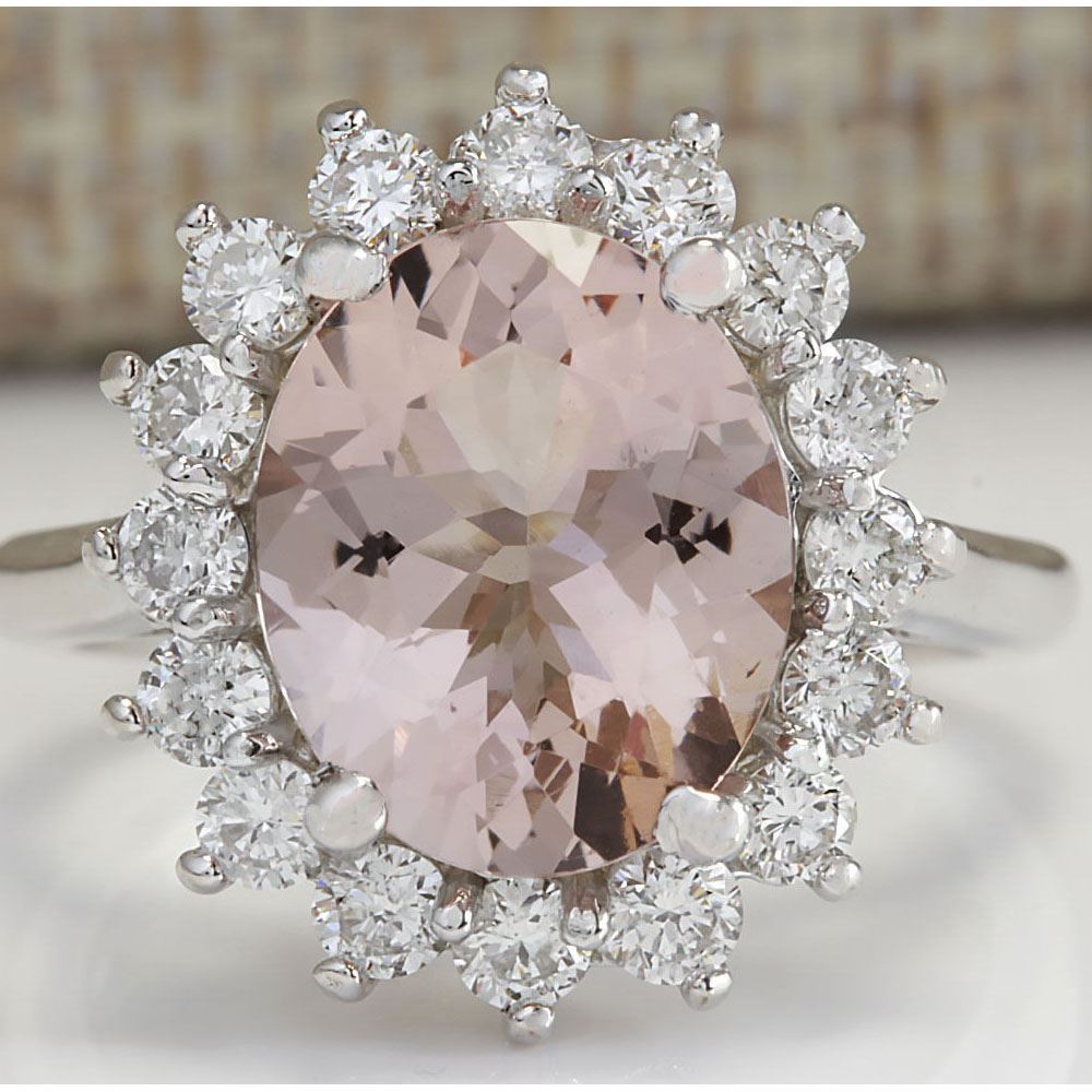 4.72 CTW Natural Peach Morganite And Diamond Ring In 18K Solid White Gold