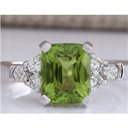 3.38 CTW Natural Green Peridot And Diamond Ring 14K Solid White Gold