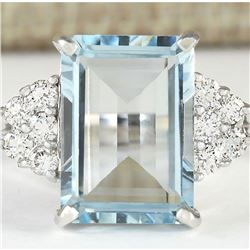 6.16 CTW Natural Aquamarine And Diamond Ring In 14k White Gold