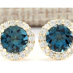 3.65 CTW Natural London Blue Topaz And Diamond Earrings 18K Solid Yellow Gold