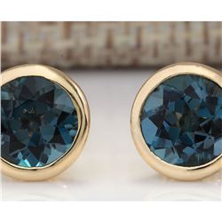 3.00 CTW Natural London Blue Topaz Earrings 18K Solid Yellow Gold