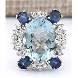 11.57 CTW Natural Aquamarine, Sapphire And Diamond Ring In 14k White Gold