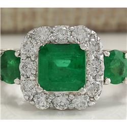 3.24 CTW Natural Emerald And Diamond Ring 18K Solid White Gold