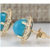 Image 2 : 3.65 CTW Natural Blue Turquoise And Diamond Earrings 18K Solid Yellow Gold