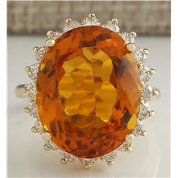 15.42 CTW Natural Citrine And Diamond Ring 18K Solid Yellow Gold