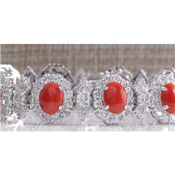 18.77CTW Natural Red Coral And Diamond Bracelet In 14K Solid White Gold