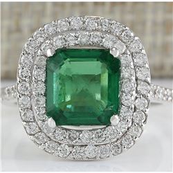 3.62 CTW Natural Emerald And Diamond Ring In 18K White Gold