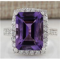7.09 CTW Natural Amethyst And Diamond Ring In 18K Solid White Gold