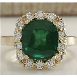 5.10 CTW Natural Emerald And Diamond Ring 18K Solid Yellow Gold