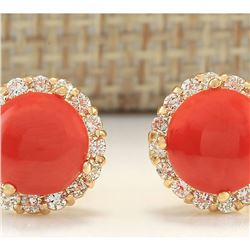 3.65 CTW Natural Coral And Diamond Earrings 18K Solid Yellow Gold