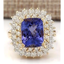 9.30 CTW Natural Tanzanite And Diamond Ring In 18K Yellow Gold