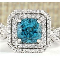 5.46 CTW Natural Blue Zircon And Diamond Ring 14k Solid White Gold