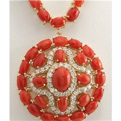 45.00 CTW Natural Red Coral And Diamond Necklace In 18K Yellow Gold