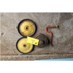 BALE HOOK, FLARE & 2 OLD WHEELS