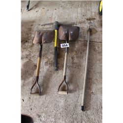 2 SHOVELS, PICK & HOE