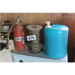ROLL OF CHAIN, FIRE EXTINGUISHER & BLUE WATER JUG