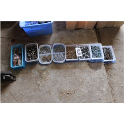 8 PLASTIC CONTAINERS OF NAILS, PLOW BOLTS, DECK SCREWS, SHINGLE NAILS, LOCK WASHERS & NUTS