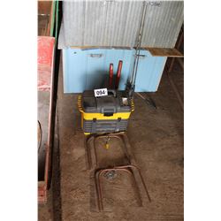 FISHING BOX, 2 TIP UPS & 3 FISHING RODS