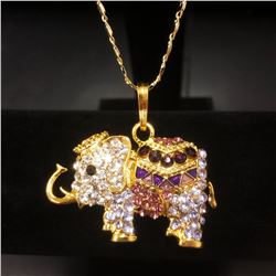 Bejeweled Purple And Gold Rhinestone Ganesh Chaturthi Elephant Pendant Paired With Necklace Marked 1