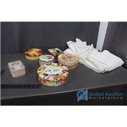 (5) Tins and Lace Table Colth