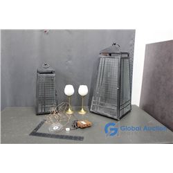 (2) Brass Candle Holders, (2) Partylite Lanterns