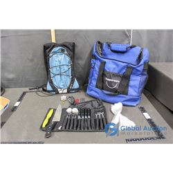 Backpack, Pocket Knives, Lock and Key, and Assorted