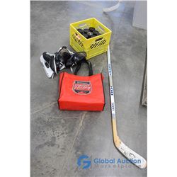 **Sherwood Wooden Hockey Stick, Crate of Pucks, and Size 9 Hockey Skates