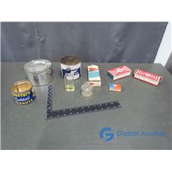 Glass Inkwell, (3) Match Boxes, Peanut Tin, and Related