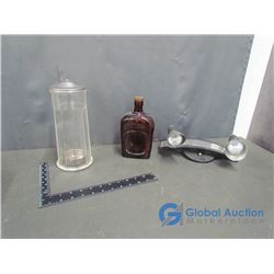 Glass Whiskey Bottle, Plastic Barbers Comb Storage and Light Fixture