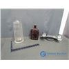 Image 1 : Glass Whiskey Bottle, Plastic Barbers Comb Storage and Light Fixture