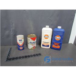 (2) Gulf Tins and (2) Gulf Plastic Bottles