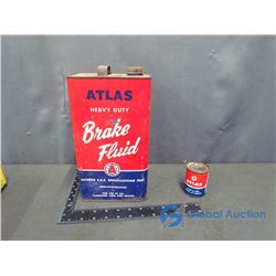 Atlas Brake Fluid Tin and Unopened Atlas Gasline Anti-freeze Tin