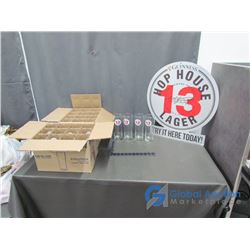 Two Dozen Hop House Lager Beer Glasses and Plastic Sign