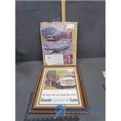 Framed Chevy Ad and Pontiac Paper Ad