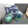 Image 1 : Vancouver Canucks Flanged Tin Sign and (2) Foam Gloves