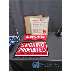 Levis Wooden Sign, Framed Husky Pledge, and Smoking Prohibited Metal Sign