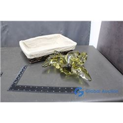 Heavy Art Glass Ashtray and Wicker Basket
