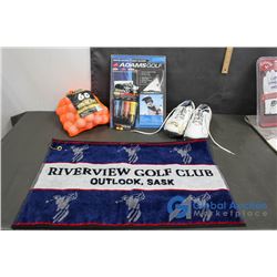 (60) Golf Balls, Towel, Gloves, Tees and Shoes (size 6.5)