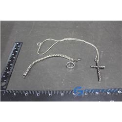 Silver Coloured Chain with Cross, Silver Coloured Ring with Clear Stone (not diamond), Silver Colour