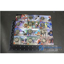 (12) 2000 25 Cent Collector Cards, (4) 2004 Moose Quarters, (1) Loonie, Assorted Fifty Cent Pieces a