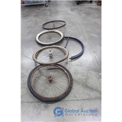 (3) Vintage Bike Tires on Rims, (1) Vintage Bike Rim & (1) Vintage Bike Fender