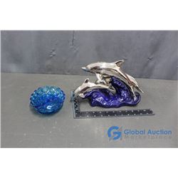 Dolphin Decor and Blue Glass Dish