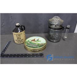 Pyrex Glass Coffee Press, "The Honeymoon Drink" Stone Jug and Vintage Short Bread Tin