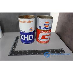 (2) Gulf Tin Cans. One Mult-G Multi grade Motor Oi, One XHD Motor Oil