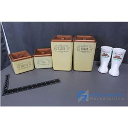 4-Pcs Beacon Plastic Canister Set & Plastic Pepsi/Dolly Parton Collector Mugs