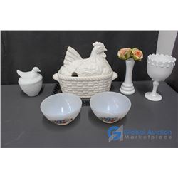Rooster Serving Dish (Missing Ladle), Bird in a Nest Dish, Milk Glass Bowls